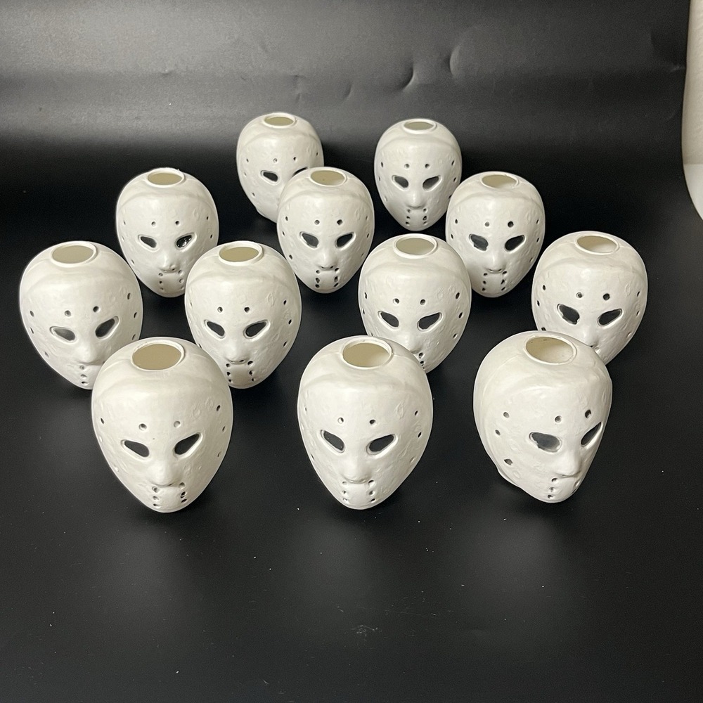 Set of 12 White Ceramic Hockey Mask Vases Horror Movie Decor 3.25 inch